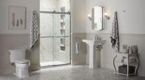 Large, white bathroom with a walk-in shower