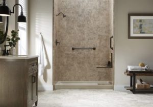 Large, updated bathroom with a shower that has safety features 